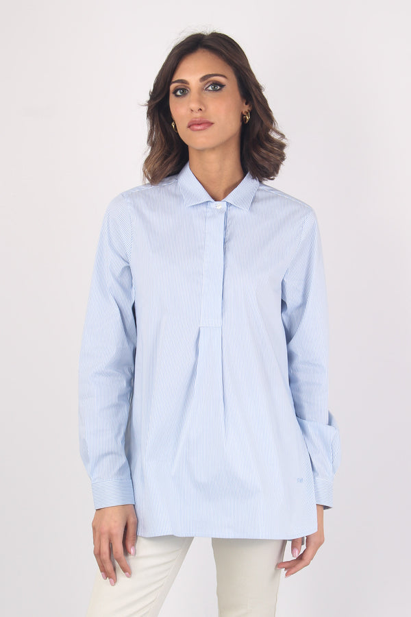 Camicia Cotone Scollo V Riga Bianco/azzurro