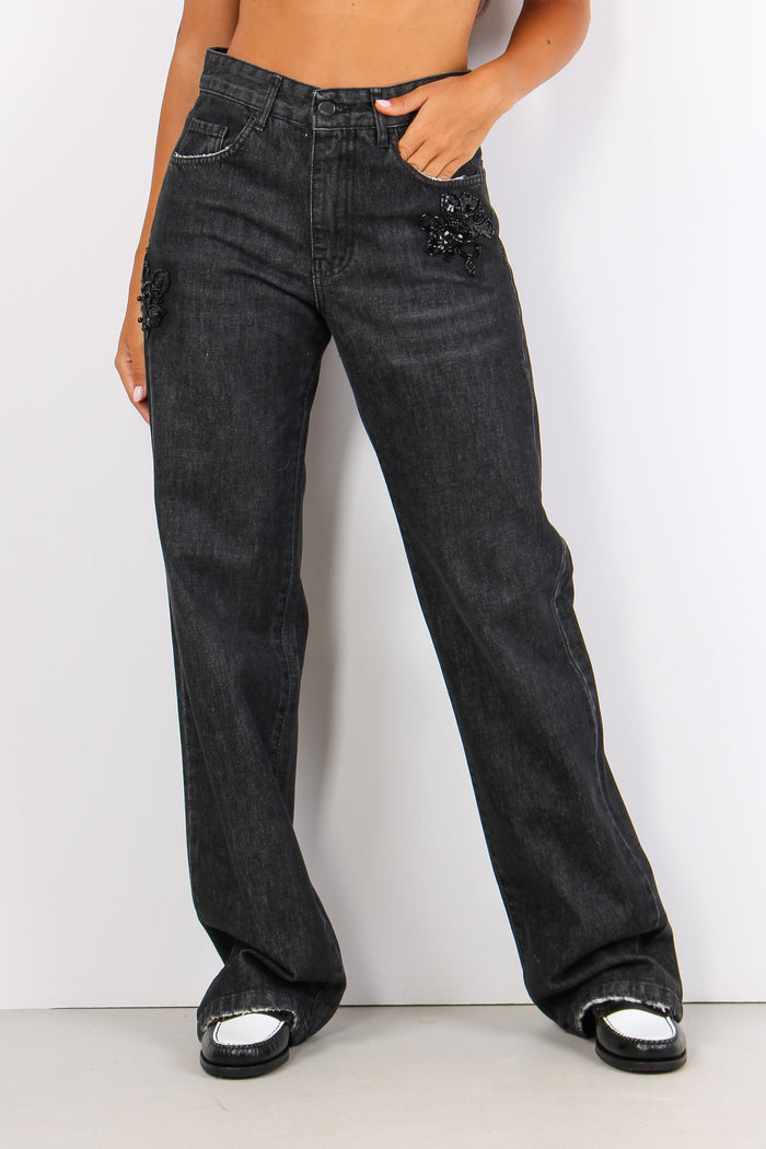 Dewen Denim Applicazione Fiore Nero-3