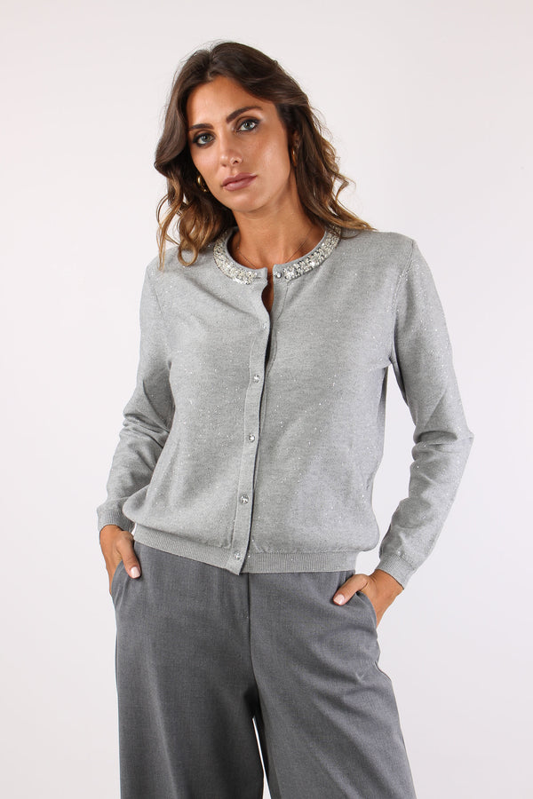 Sade Cardigan Collo Strass Grigio Melange-2