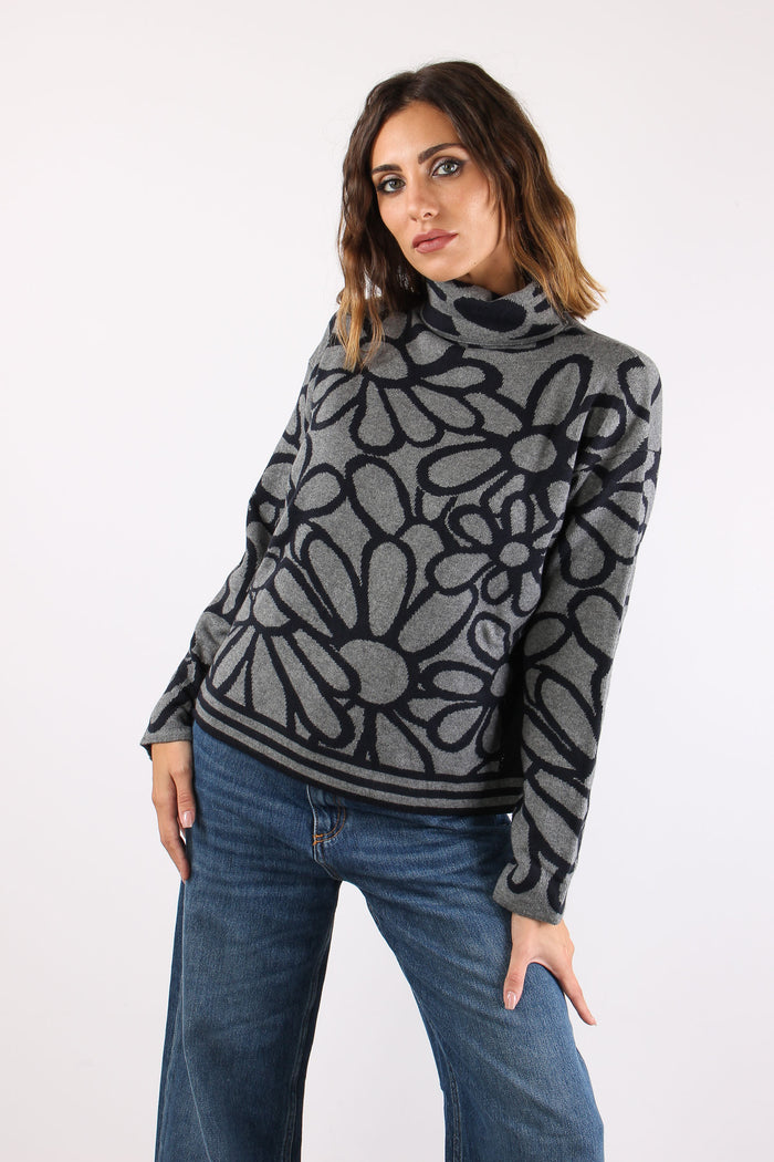 Maglia Collo Alto Fiori Blu/grigio-3