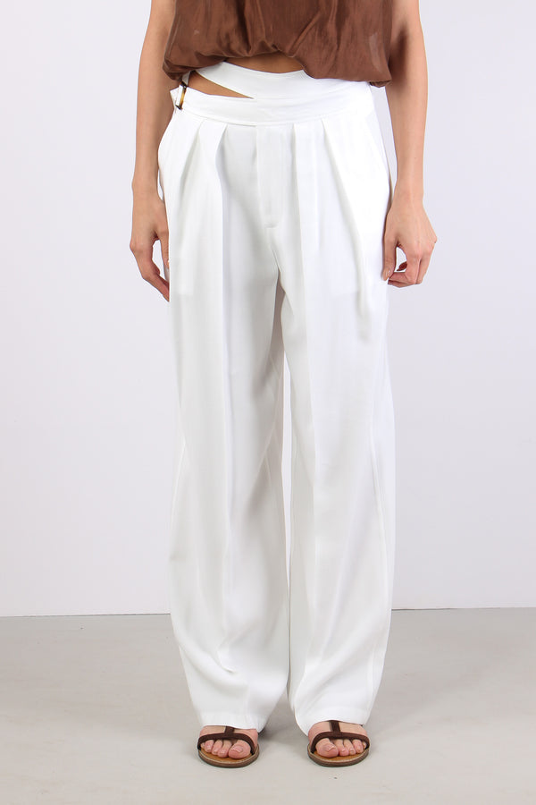 Pantalone Cut Out Fibbia Bianco-2