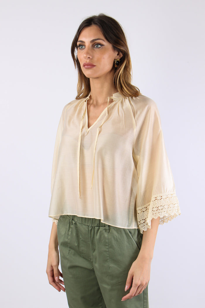 Camicia Mussola Macrame Manica Ecru-3