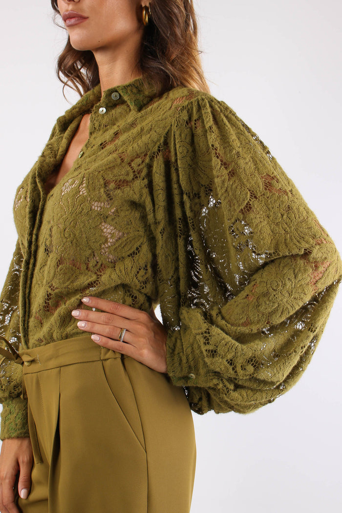 Camicia Pizzo Lana Manica Ampi Olio-8