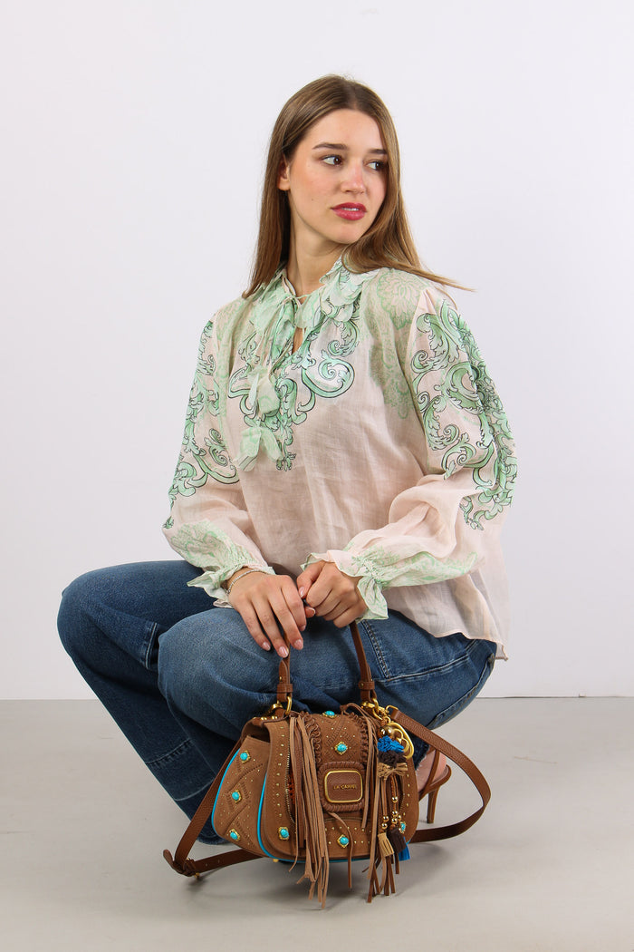 Camicia Lino Fantasia Inserto Nappine Crema/verde-11