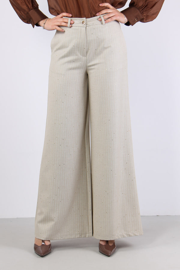 Pantalone Gessato Paillettes Beige-2