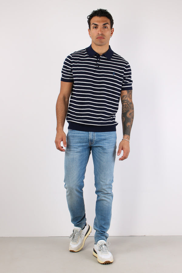 Polo Bottoni Riga In Maglia Navy/white