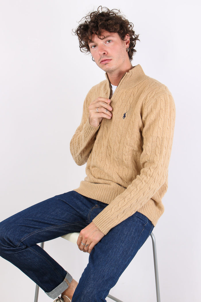 Maglia Mezza Zip Trecce Lana Camel Melange-3