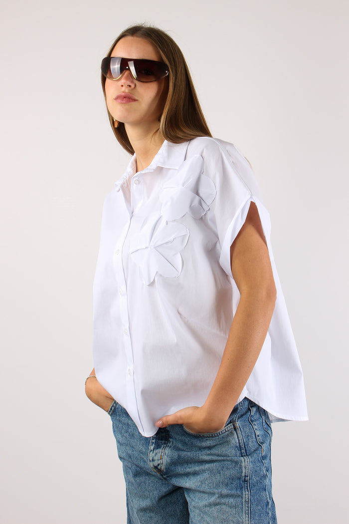 Camicia Applicazione Fiori Bianco-3