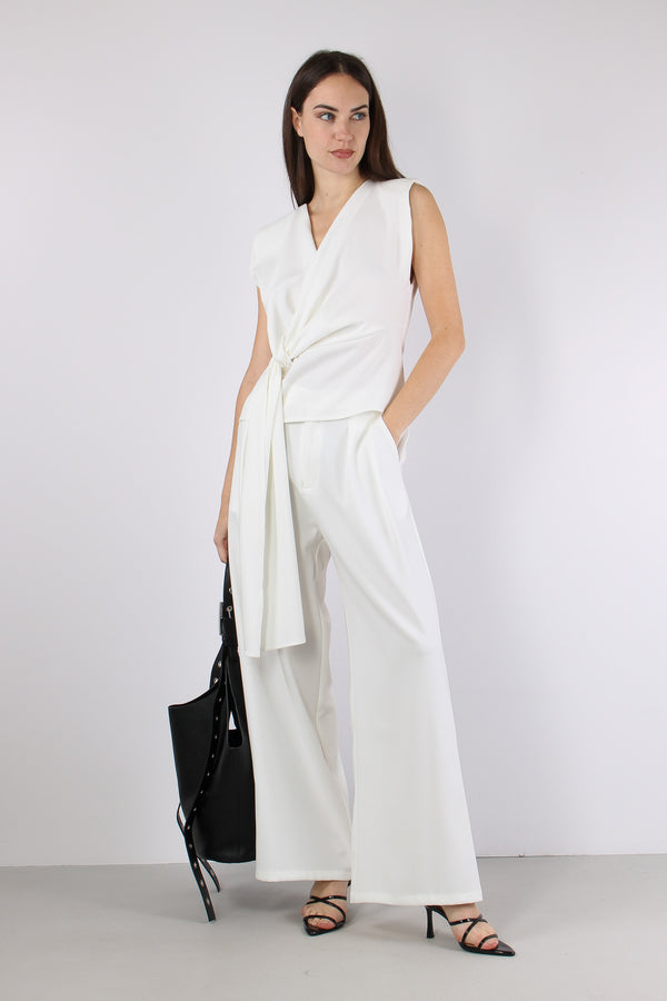 Pantalone Crepe Elastico Vita Bianco