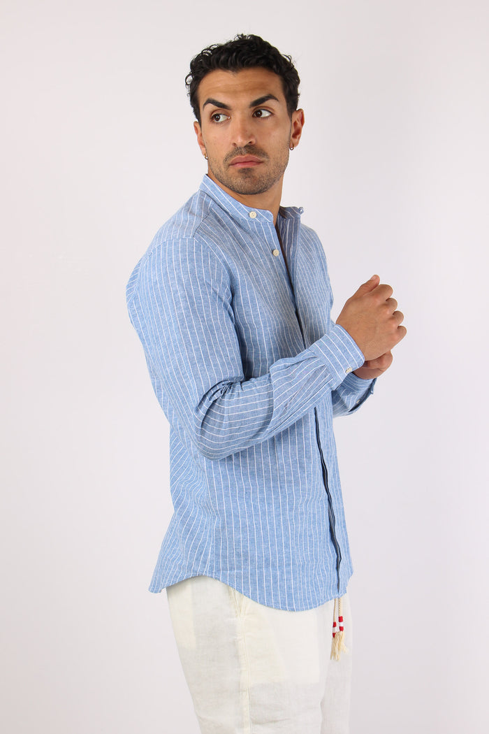 Camicia Coreana Lino Righe Azzurro/bianco-5