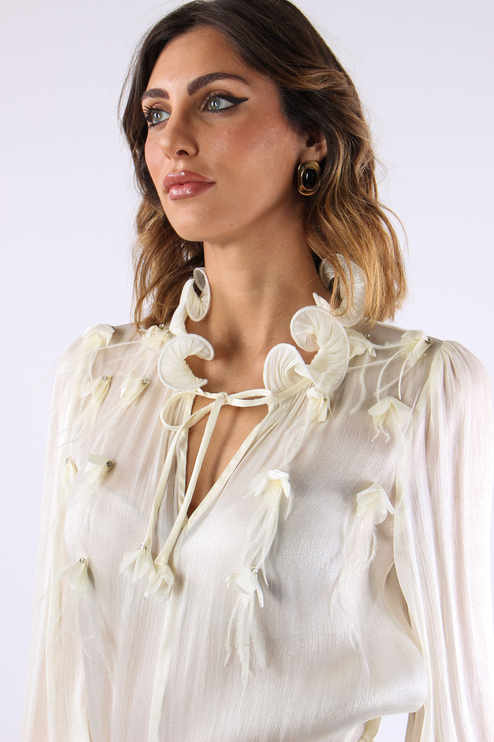 Camicia Effetto Spalmato Inserto Piume Panna-10