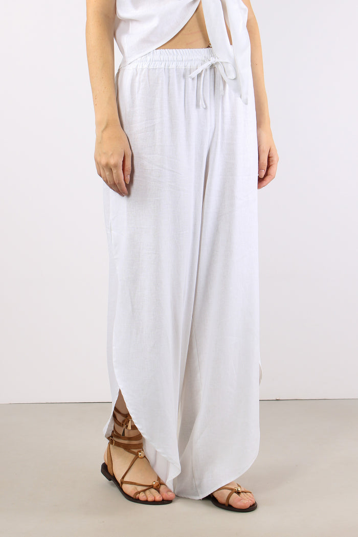 Pantalone Lino Spacco Laterale Bianco-4