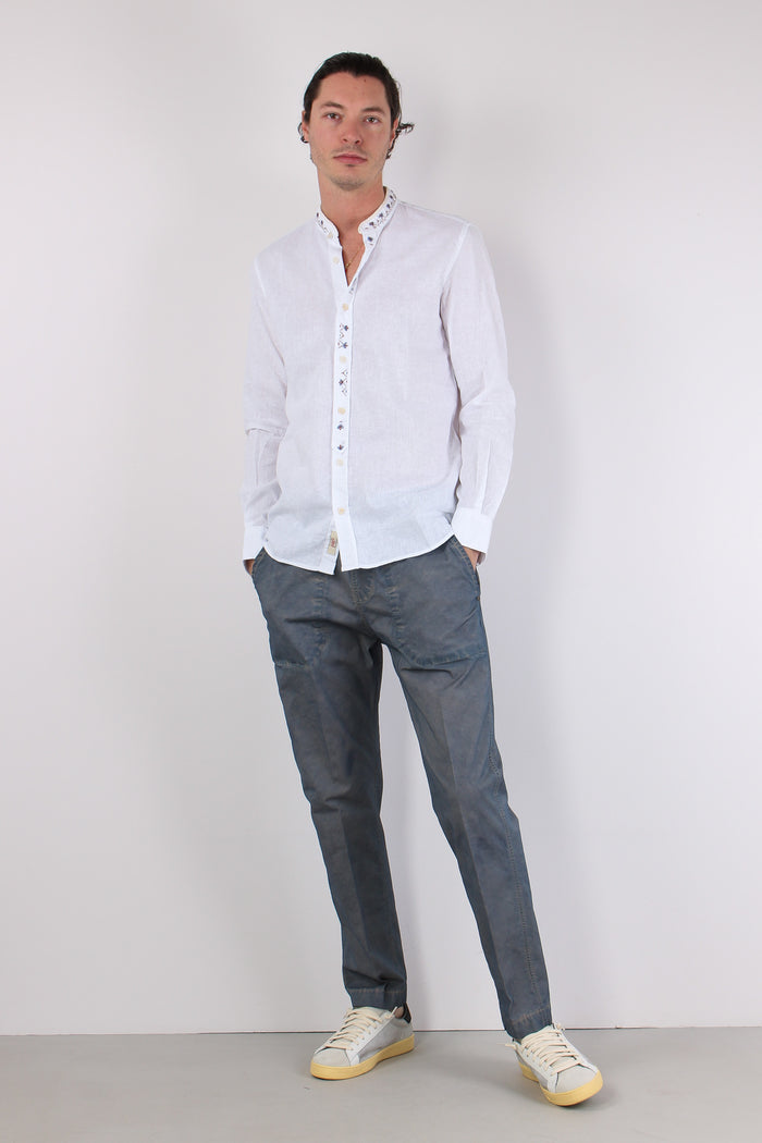 Camicia Lino Ricami Colletto Bianco