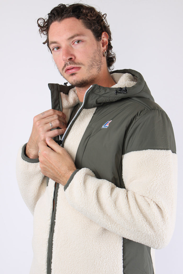 Giubbotto Cappuccio Inserto Teddy Green/ecru-7