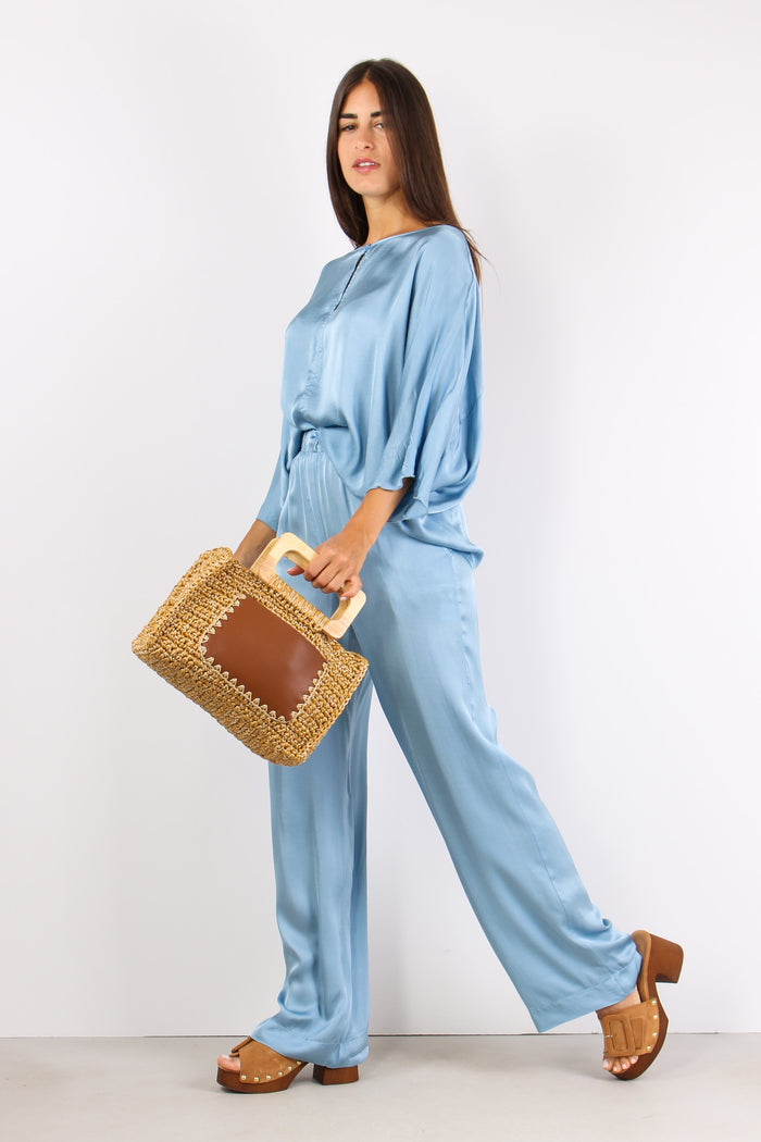 Pantalone Palazzo Effetto Raso Azzurro-4