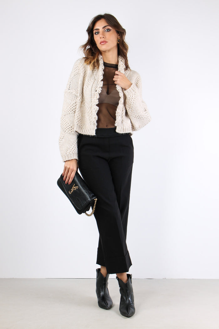 Cardigan Corto Effetto Uncinet Beige
