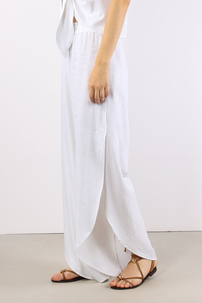 Pantalone Lino Spacco Laterale Bianco-3