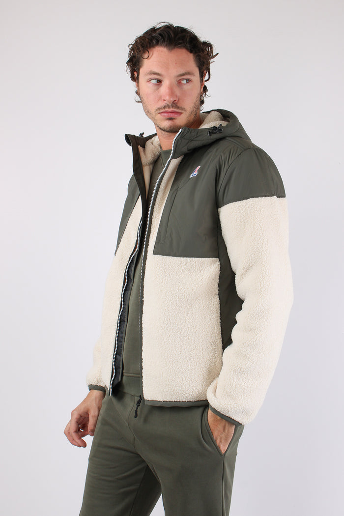 Giubbotto Cappuccio Inserto Teddy Green/ecru-4