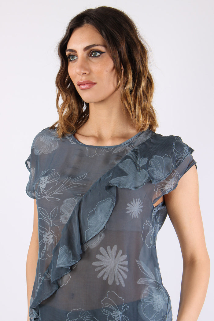 Blusa Rouches Stampa Fiori Blu/fiori-7