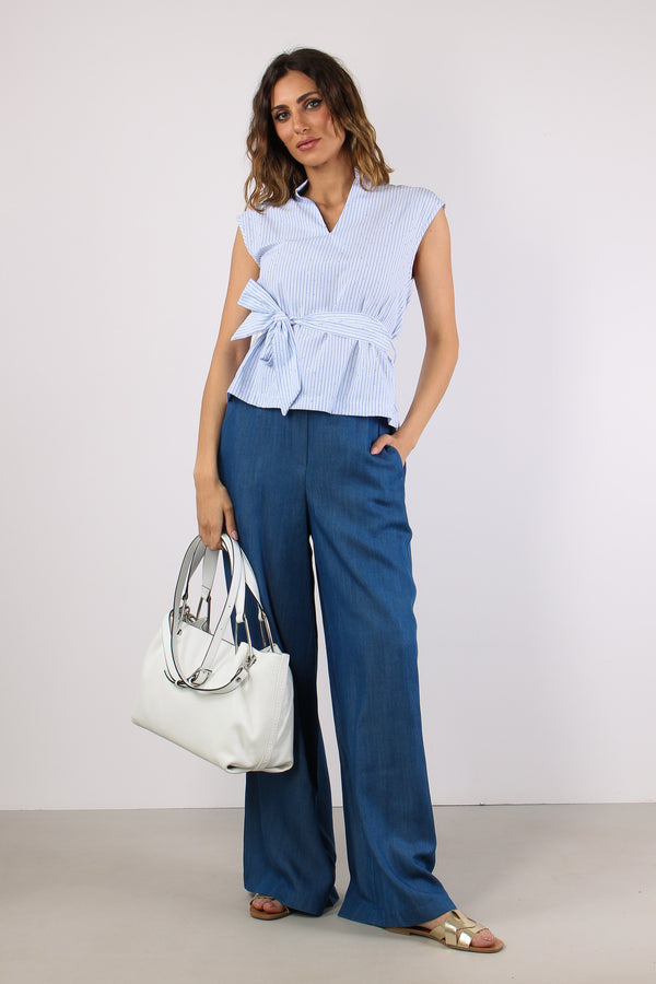 Camicia Smanicata Strass Cintu Blu