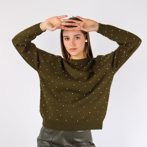 Maglia Inserto Strass Military Green-2