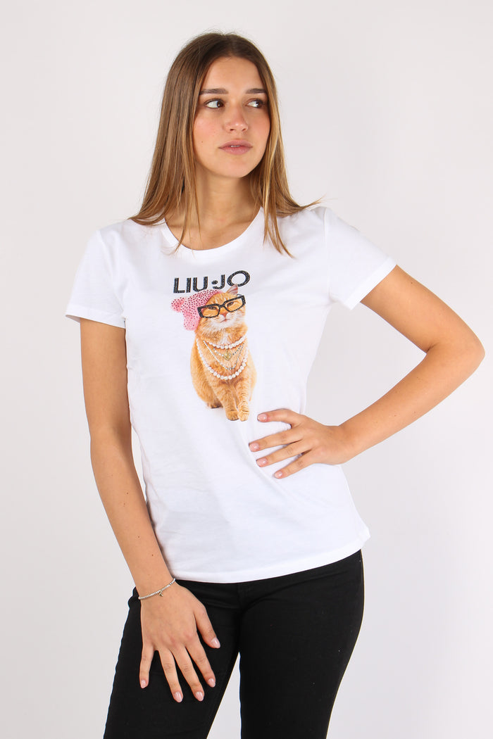 T-shirt Slim Stampa Gatto Bianco/cat-2