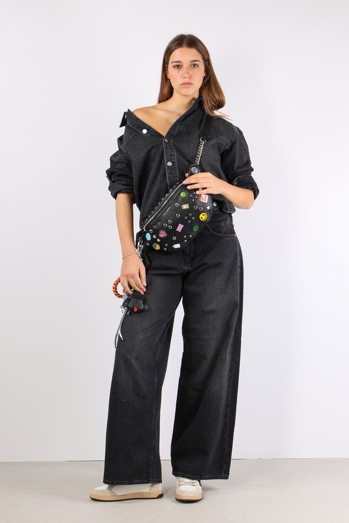 Denim Baggy Wide Bottoni Later Denim Scuro-7