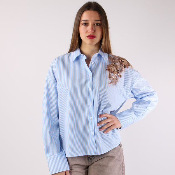 Camicia Riga Applicazione Fior Bianco/azzurro-2
