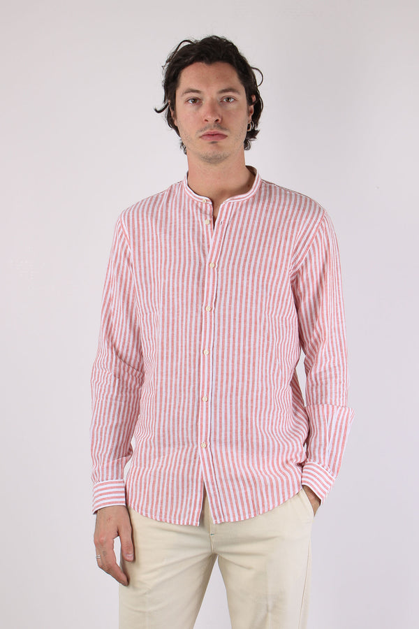 Camicia Coreana Lino Riga Corallo