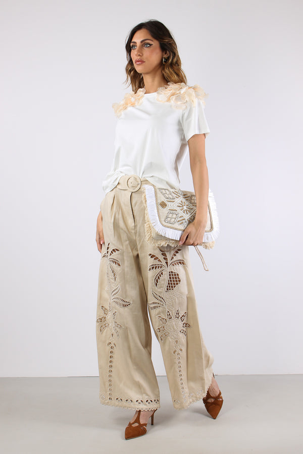 T-shir Applicazione Fiore Spalla Bianco