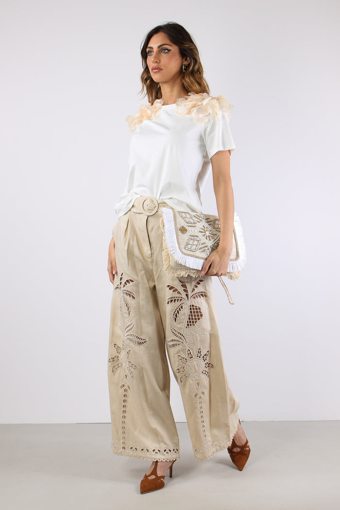 T-shir Applicazione Fiore Spalla Bianco