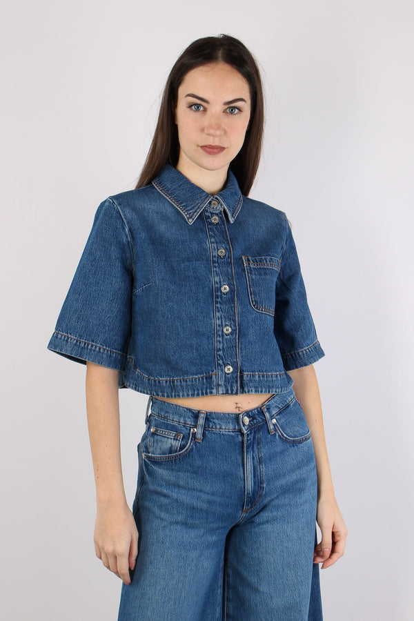 Giacca Camicia Manica Corta Denim Medio-2