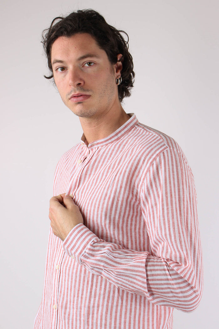 Camicia Coreana Lino Riga Corallo-7