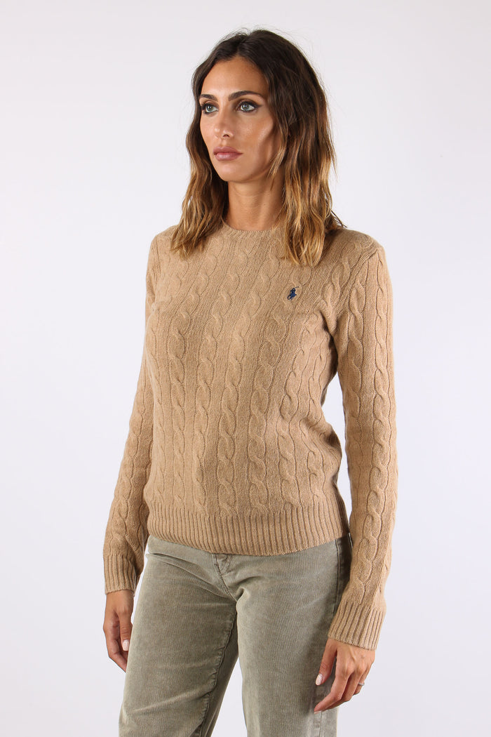 Maglia Girocollo Trecce Misto Lana Camel Melange-4