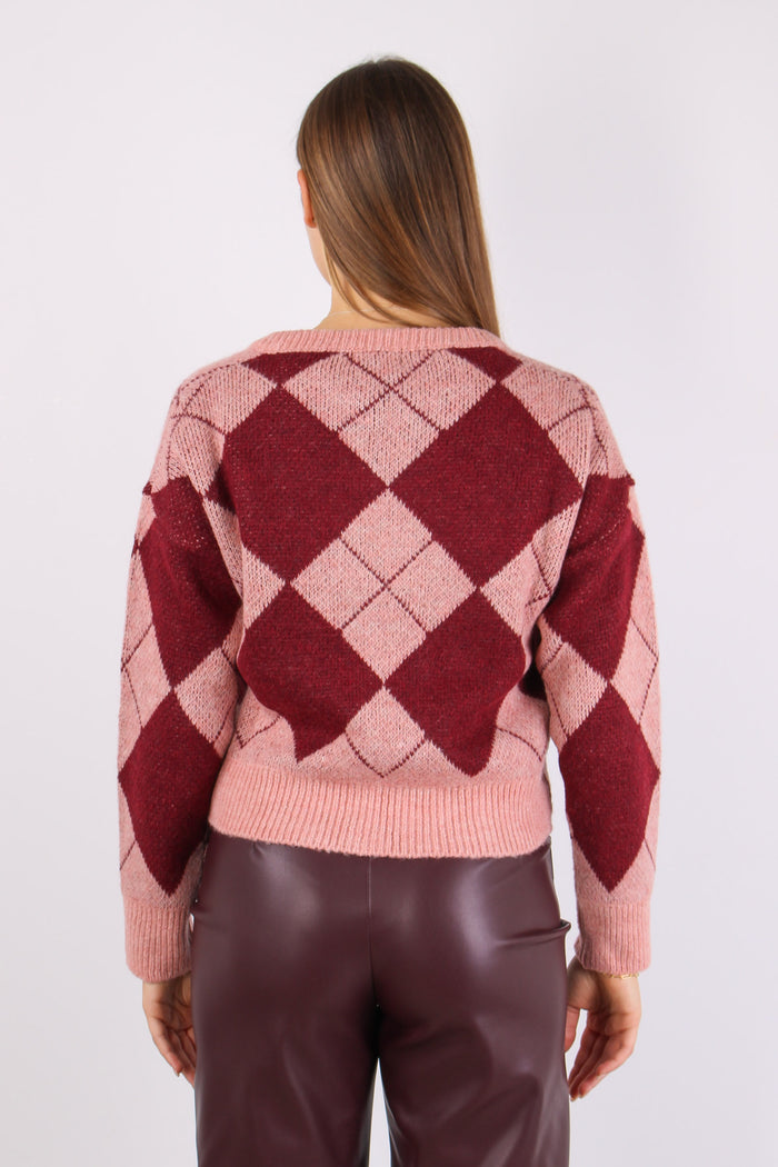 Cardigan Intarsi Rombi Rosa/bordeaux-5