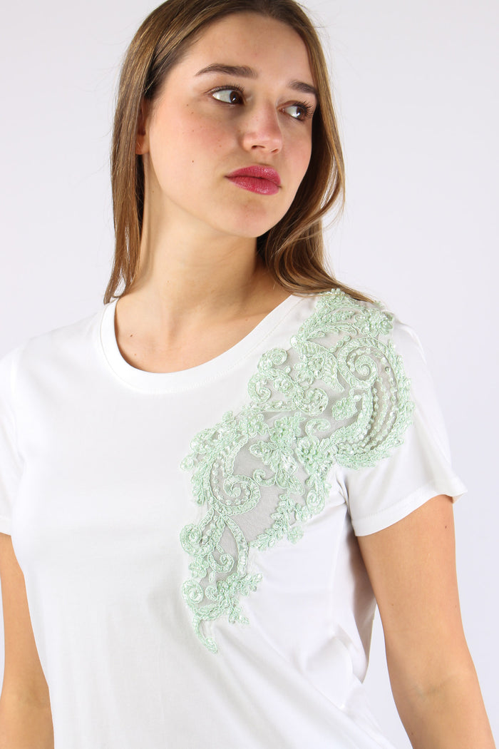 T-shrit Inserto Pizzo Paillettes Bianco-8