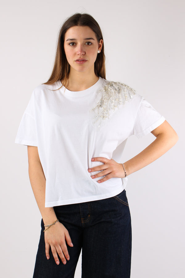 T-shirt Applicazione Spalla Bianco-2