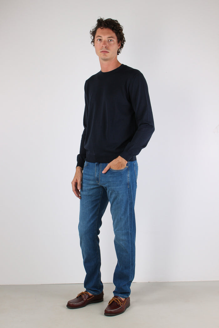 Maglia Girocollo Cotone Seta Blu-5