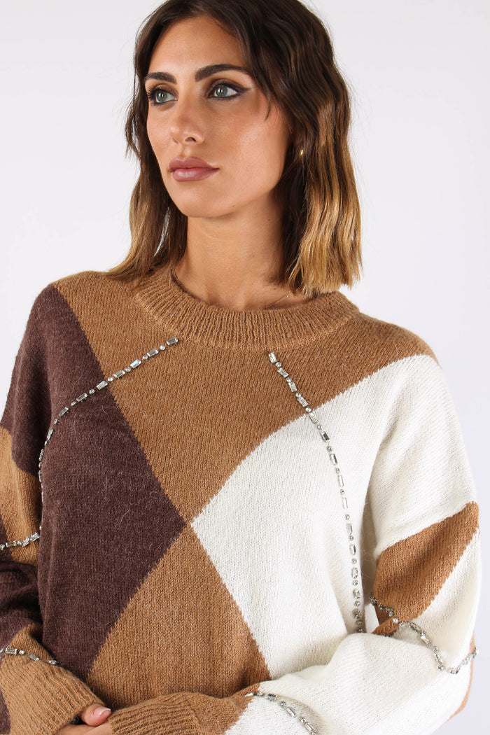Maglia Maxi Rombi Inserto Strass Camel-7