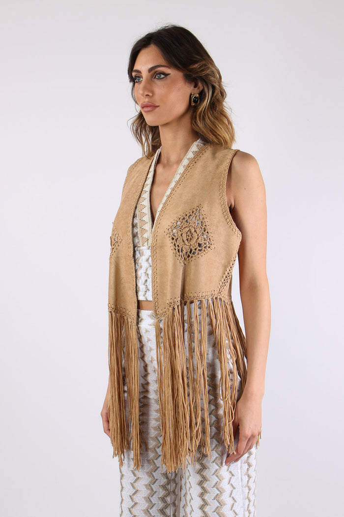 Gilet  Frange Ricami Suede-5
