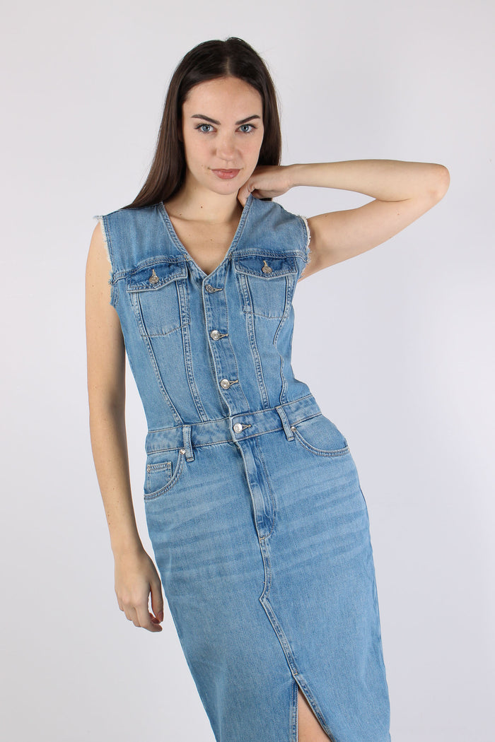 Abito Jeans Smanicato Spacco Denim Medio-3