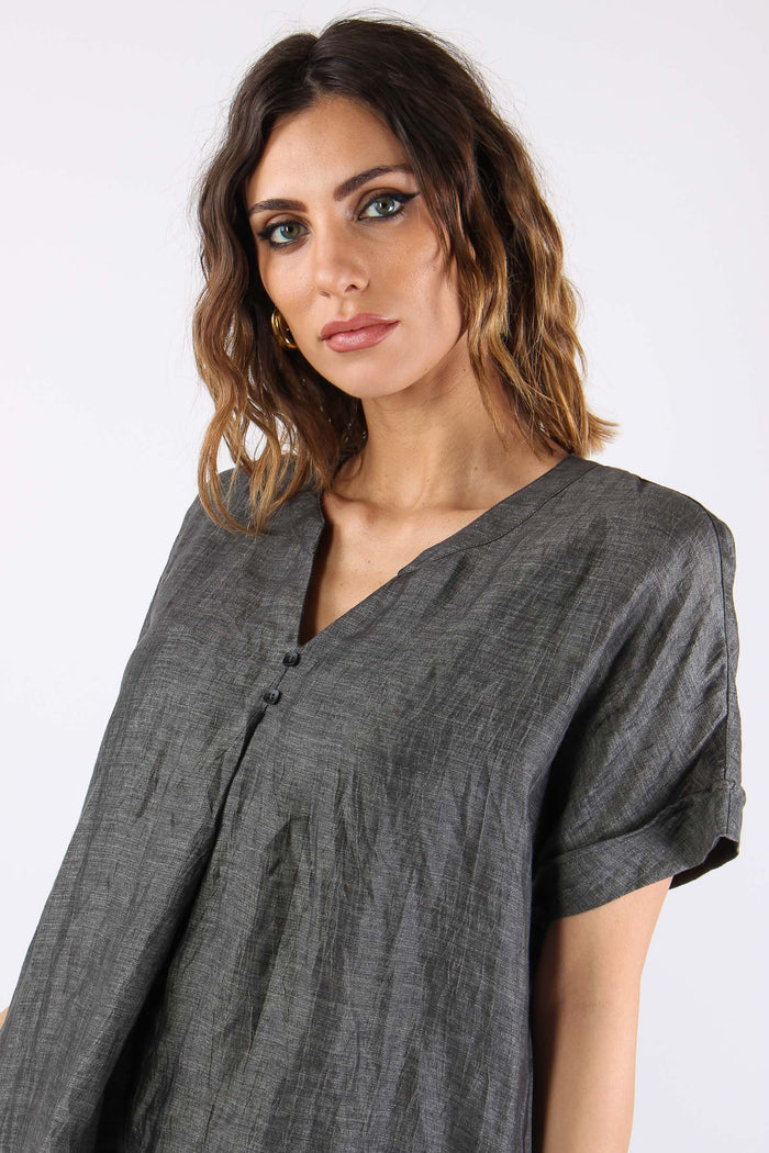 Blusa Scollo V Bottoni Grigio-7