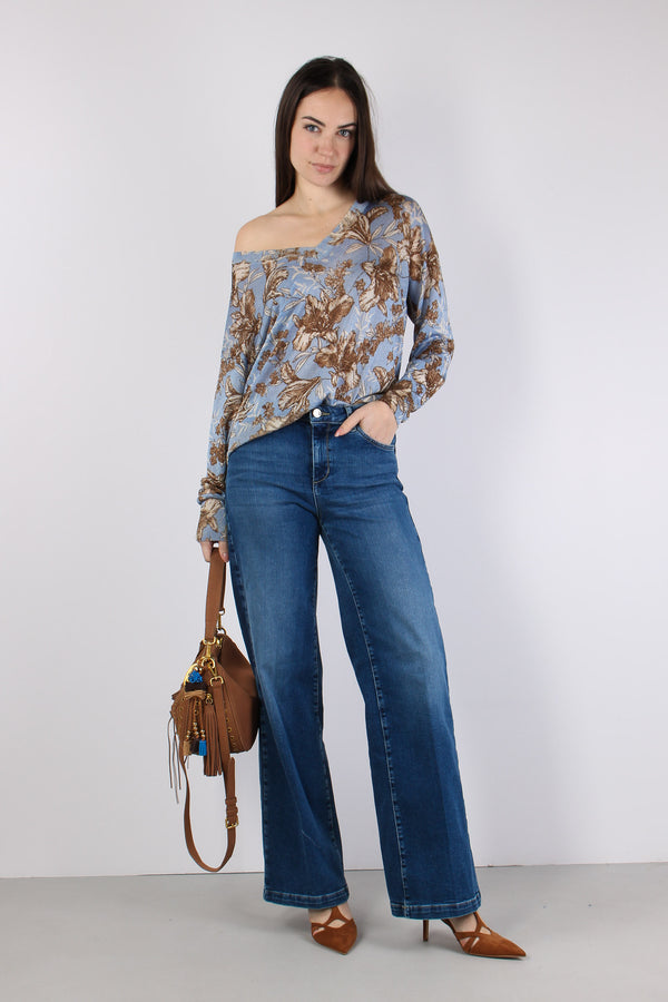 Maglia Lurex Fantasia Foglie Blu Wave