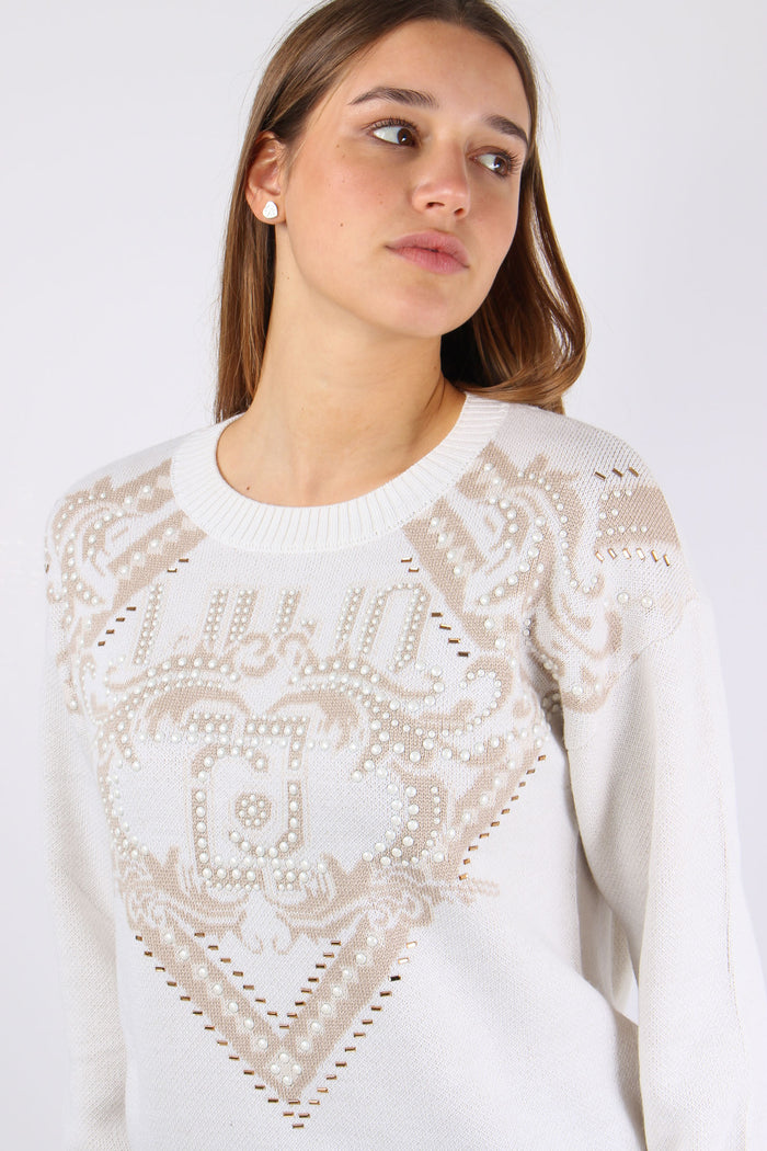 Maglia Inserto Perle Logo Bianco Latte-4