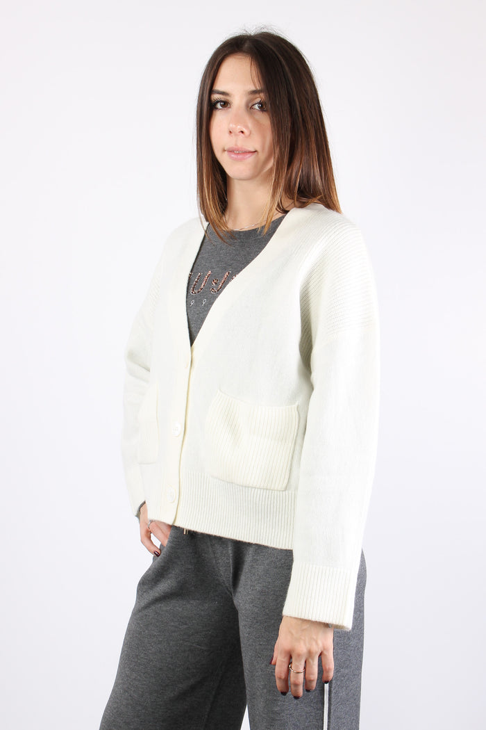 Cardigan Canettato Tasca Bianco Lana-6