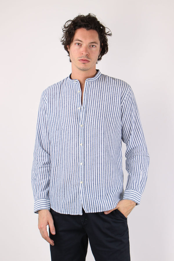 Camicia Coreana Lino Riga Blu Navy