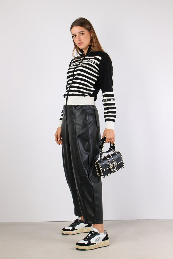 Maglia Zip Riga Inserto Perle Nero/bianco