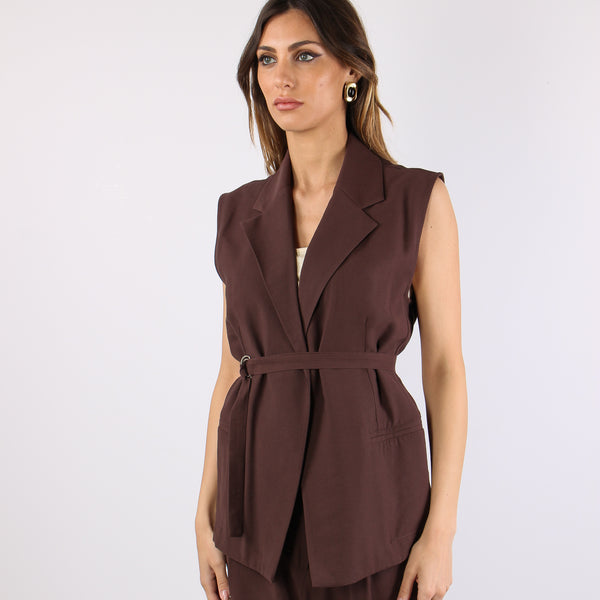 Gilet Cinturato Misto Viscosa Cioccolato-2