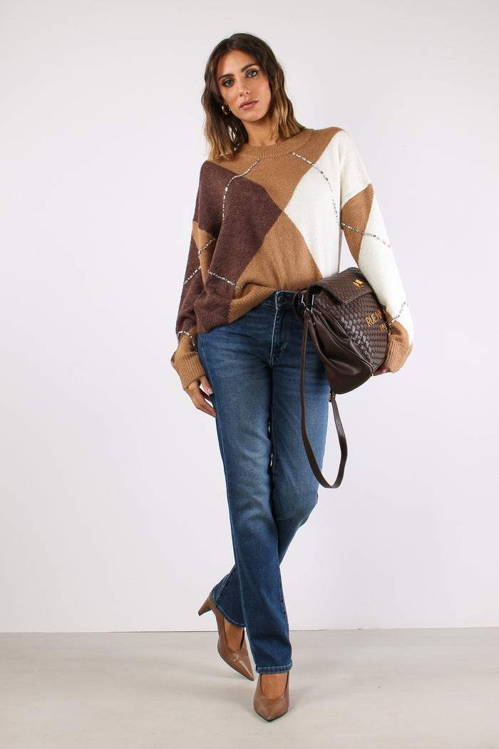 Maglia Maxi Rombi Inserto Strass Camel-5