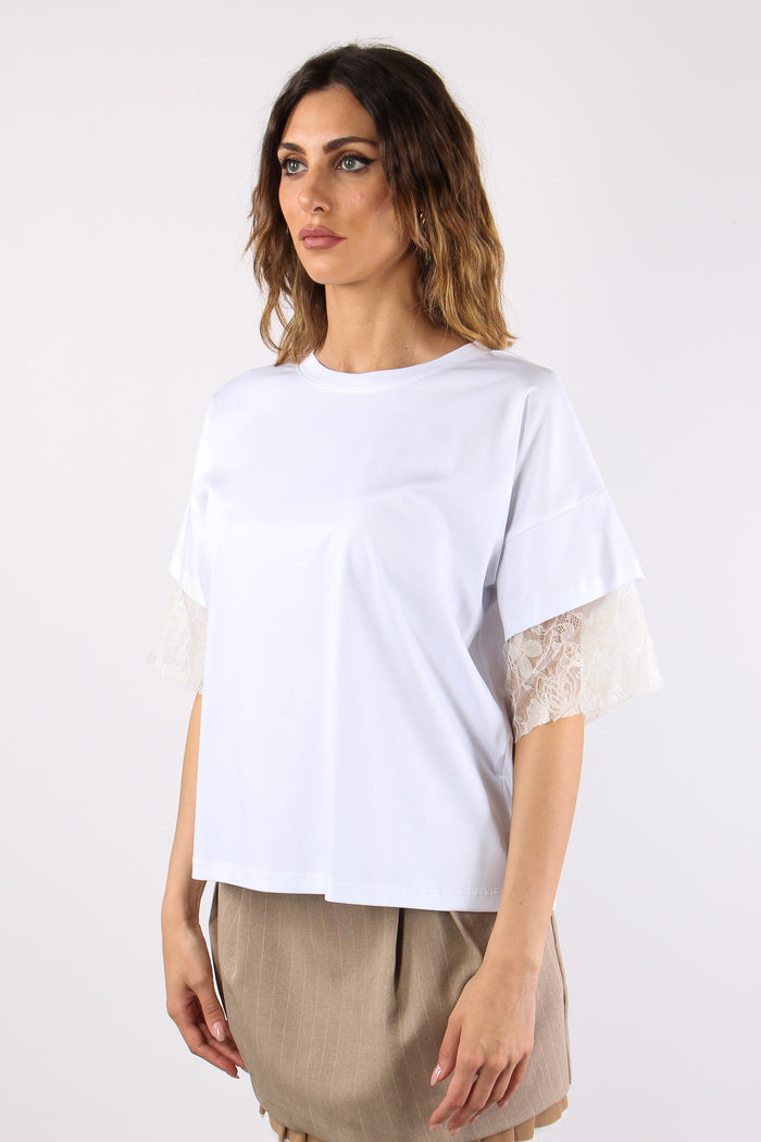 T-shirt Pizzo Inserto Manica Bianco-3